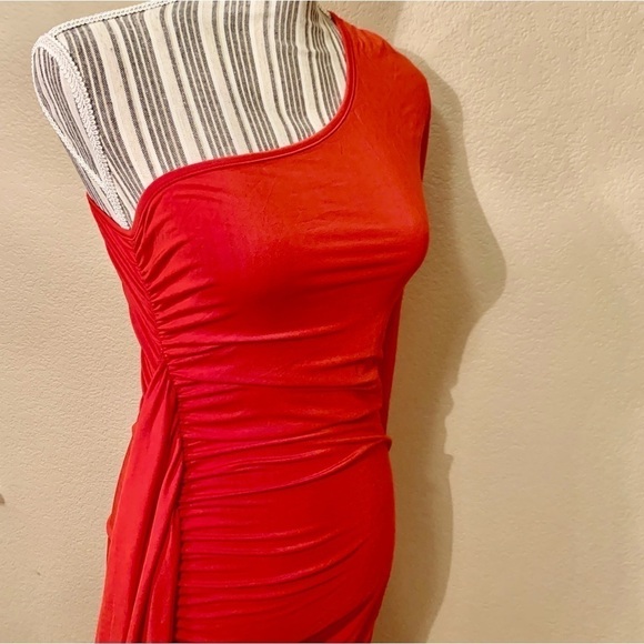 NEW Sexy Bodycon Dress Small Red Maxi Spandex Stretch One Sleeve Ruffled NWOT - Picture 7 of 14